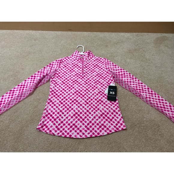 IBKUL Womens Long Sleeve Quarter Zip Golf Top Size XS Pink White Gingham UPF 50+ - Picture 2 of 9